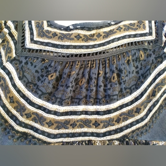 Free People Boho Tunic Black Tan Floral Peasant Top XS Square Neck Crochet Dress - Picture 15 of 16